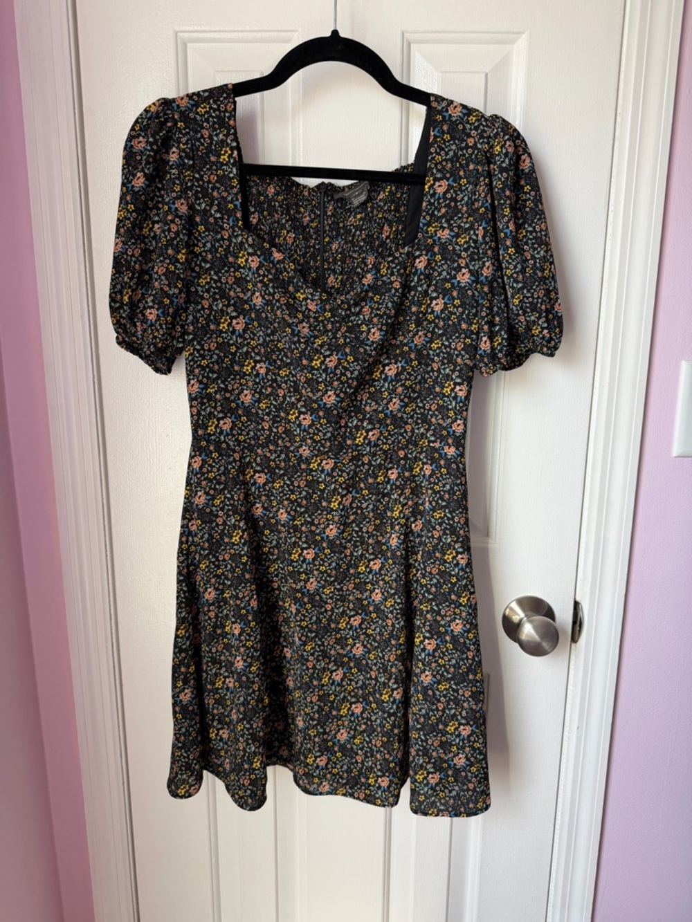 French Connection Black Mini Dress with Pink & Yellow Floral Print